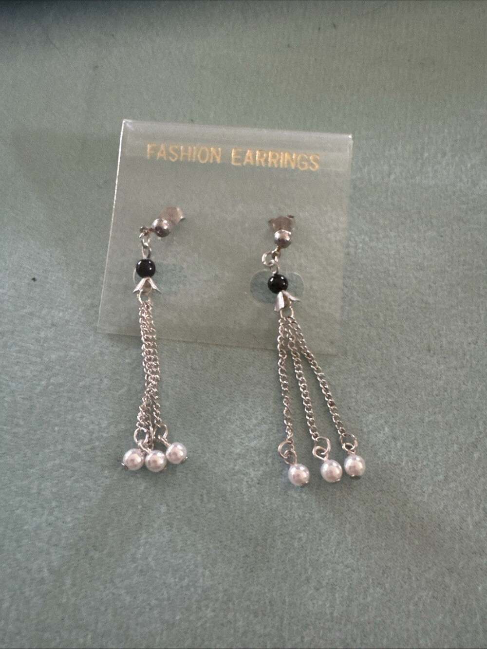 Multi Chain Silver Tone Black White Bead Pierced Earrings Dangle 2”